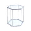 Modern Octagon Shaped Stainless Steel End Table with Silver Finish and Transparent Glass Top & Bottom Shelf