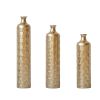 Set of 3, Handcrafted Gold Metal Floor Vases, Geometric Cylinder Shape with Hammered & Polished Finish and Funnel Shaped Necks