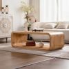 Modern Open-Frame Elegant Curved Light Wood Coffee Table with Open Bottom Storage Shelf