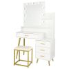 White & Gold Vanity Set with 9 LED Bulbs, Makeup Table, Cushioned Stool, 3 Storage Shelves and 4 Spacious Drawers