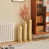Set of 3, Handcrafted Gold Metal Floor Vases, Geometric Cylinder Shape with Hammered & Polished Finish and Funnel Shaped Necks