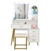 White & Gold Vanity Set with 9 LED Bulbs, Makeup Table, Cushioned Stool, 3 Storage Shelves and 4 Spacious Drawers