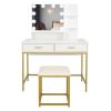 White Vanity Set with Makeup Table, 10 LED Bulbs, 3 Tone Light Settings, 3 Storage Shelves,, 2 Table Drawers and Cushioned Stool