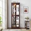 Lighted Glass Curio Display Storage Cabinet with 4 Tempered Glass Doors, Adjustable Glass Shelves and Vintage Carved Handles