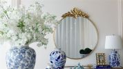 36" x 41" Large Round Wall Mirror with Gold Metal Frame and Intricate Leaf Like Adornment Design Top