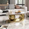 51” Oval Faux Marble Coffee Table with Gold Stainless Steel Base, Sintered Stone Top, and Natural Veining Pattern