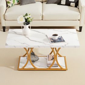 VEVOR Modern White Rectangle Faux Marble Coffee Table with 2-Tiers, Open Bottom Shelf and Gold Geometric Design Base