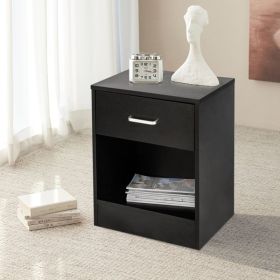 2 Piece Black Night Stand with Top Drawer and Open Bottom Shelf