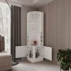 White Corner Bar Cabinet with Built-In Glass Rack, 4 Storage Shelves, 2 Bottom Drawers and 8 Bottle Holder Compartments