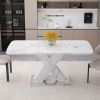 Modern Square Extendable Dining Table with Printed White Marble Table Top, X-Shape Table Legs and Metal Pedestal Base
