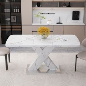 Modern Square Extendable Dining Table with Printed White Marble Table Top, X-Shape Table Legs and Metal Pedestal Base