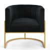 Upholstered Black Velvet Accent Chair with Gold Metal Frame & Legs and Barrel Curved Backrest