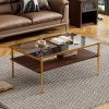 Set of 3, Coffee Table and 2 End Tables with Gray Tempered Glass, Open Bottom Shelves and Gold Legs