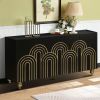 Black Modern Fluted Sideboard Buffet Cabinet with 4 Doors Storage and Adjustable Shelves