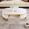 Modern Oval Coffee Table with Drawers, Curved Profile Design, Gold Metal Accents and 47.2"