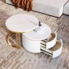 Modern 2 Piece White Round Nesting Coffee Table with 2 Drawers and Electroplated Gold Legs