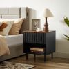 Set of 2 Nightstands with Grille Striped Slatted Drawer Design, Open Bottom Shelf and Metal Legs