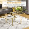 HOMCOM Gold Metal Coffee Table with Double Tabletops, 2 Different Heights and Clear Tempered Glass