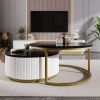 Modern Round Nesting Coffee Tables in Black, Gold & White with Fluted Base Design and 1 Built-In Drawer