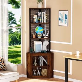 64” 6 Tier Corner Storage Cabinet Stand with Charging Stations, Built-In Wine Glass Rack and Iron Mesh Bottom Door