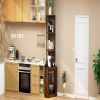 64” 6 Tier Corner Storage Cabinet Stand with Charging Stations, Built-In Wine Glass Rack and Iron Mesh Bottom Door