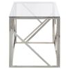Silver Stainless Steel Coffee Table with Clear Tempered Glass Top and Protective Foot Pads