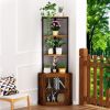 64” 6 Tier Corner Storage Cabinet Stand with Charging Stations, Built-In Wine Glass Rack and Iron Mesh Bottom Door