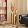 Set of 3, Handcrafted Gold Metal Floor Vases, Geometric Cylinder Shape with Hammered & Polished Finish and Funnel Shaped Necks