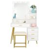 White & Gold Vanity Set with 9 LED Bulbs, Makeup Table, Cushioned Stool, 3 Storage Shelves and 4 Spacious Drawers