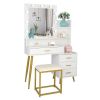 White & Gold Vanity Set with 9 LED Bulbs, Makeup Table, Cushioned Stool, 3 Storage Shelves and 4 Spacious Drawers