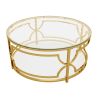 30.7” Round Tempered Glass Coffee Table with Luxurious Gold Geometric Metal Frame and Open Bottom Shelf