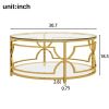 30.7” Round Tempered Glass Coffee Table with Luxurious Gold Geometric Metal Frame and Open Bottom Shelf
