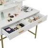 White Vanity Set with Makeup Table, 10 LED Bulbs, 3 Tone Light Settings, 3 Storage Shelves,, 2 Table Drawers and Cushioned Stool