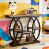 Rustic Rectangle Console Table with 4 Staggered Tiers, Geometric Black Metal Base and Adjustable Foot Pads