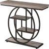 Rustic Rectangle Console Table with 4 Staggered Tiers, Circular Black Metal Base and Adjustable Foot Pads