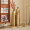 Set of 3, Handcrafted Gold Metal Floor Vases, Geometric Cylinder Shape with Hammered & Polished Finish and Funnel Shaped Necks