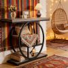 Rustic Rectangle Console Table with 4 Staggered Tiers, Circular Black Metal Base and Adjustable Foot Pads