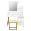 White & Gold Vanity Set with 9 LED Bulbs, Makeup Table, Cushioned Stool, 3 Storage Shelves and 4 Spacious Drawers
