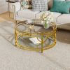 30.7” Round Tempered Glass Coffee Table with Luxurious Gold Geometric Metal Frame and Open Bottom Shelf