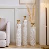 Set of 3, Handcrafted Cylindrical Metal Decorative Floor Vases with Polished & Hammered Gold Finish, and Embossed Body Pattern