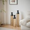 Floor Metal Decorative Cylindrical Vases, Set of 3 Gold & Black with Hammered Glazed Finish, and Funnel Shaped Neck