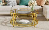 30.7” Round Tempered Glass Coffee Table with Luxurious Gold Geometric Metal Frame and Open Bottom Shelf