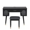 Elegant Black Vanity Makeup Table & Chair Set with 1 Drawer, 2 Begonia Glass Cabinet Doors, Writing Desk, and Charging Port Station