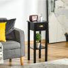 2 Tier Black Slim Side Nightstand Table with Top Drawer and Open Bottom Shelf
