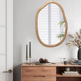 Irregular Wall Mirror with Asymmetrical Wood Frame Design and Wavy Accent Pattern