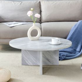 31.4” White Round Coffee Table with Faux Marble Pattern, Two Wide Legs and Non Slip Mats