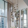 Black & Gold Multi-Light Pendant Chandelier with 9 Hanging Lights, Adjustable Height and Mesh Cylinder Shades