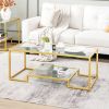 Modern 2-Tier Rectangular Gold Coffee Table with Clear Tempered Glass and Open Bottom Shelf