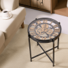 Industrial Style Coffee Table, Side Table with Mechanical Working Clock, Golden Roman Numerals and Clear Tabletop Glass