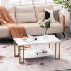 39.73” Simple Rectangular Double Layer Coffee Table, Gold Metal Legs, Faux Marble Top, Open Bottom Shelf and Adjustable Footpads